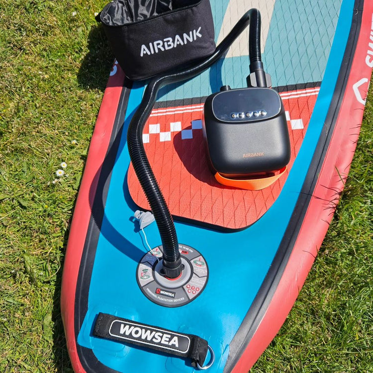 Portable air tent pump and electric pump for kayaks, canoes, and paddle boards, designed for fast inflation on outdoor water adventures.
