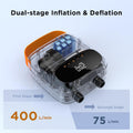Airbank Puffer Pro with Dual-stage inflation and deflation device with digital display on a light blue background