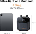Airbank Puffer Pro with digital display next to an iPad Pro, showing size comparison and weight.