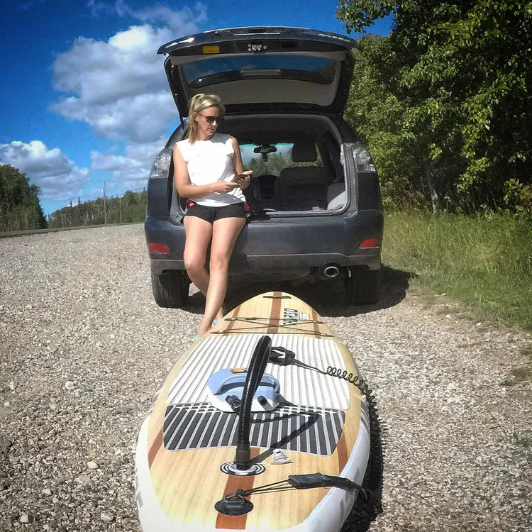 Portable air tent pump and electric pump for kayaks, canoes, and paddle boards, designed for fast inflation on outdoor water adventures.
