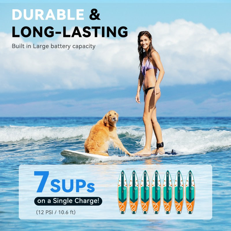 Woman and dog on a stand-up paddleboard with text about durability and battery capacity.