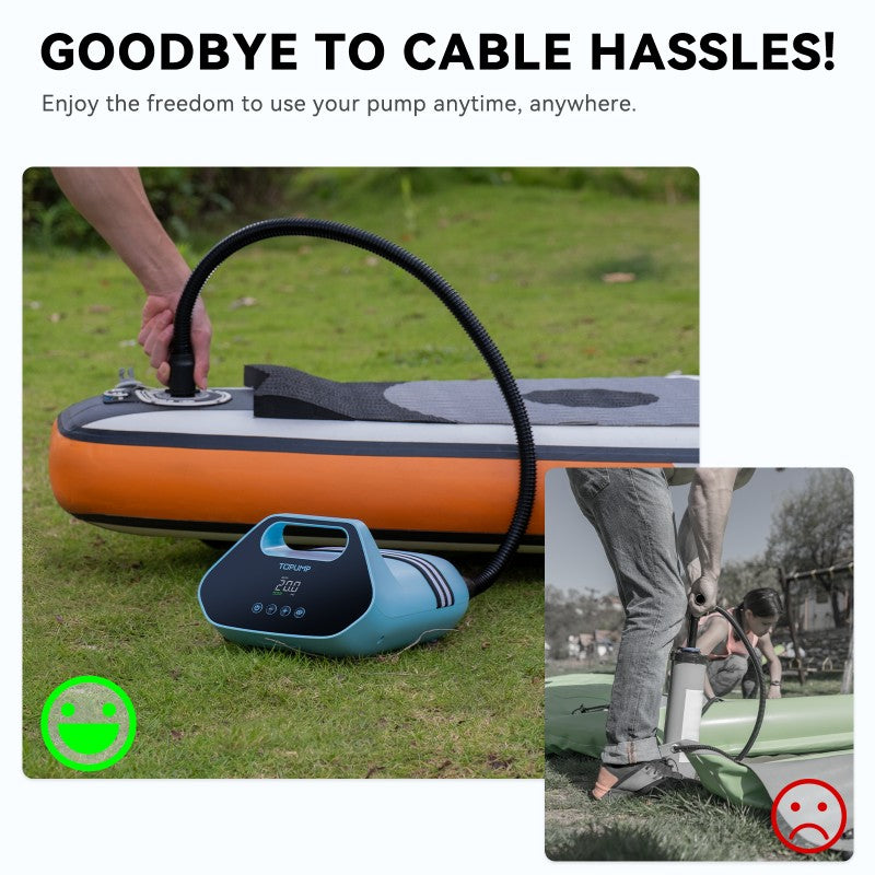 Inflatable paddle board with pump and hose, promoting freedom from cable hassles.