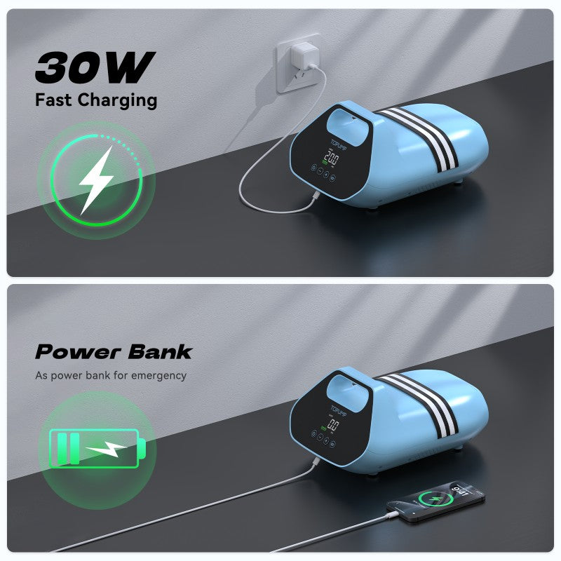 Blue power bank with fast charging capabilities for topump sup pump on a gray background